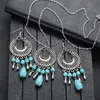 Bohemian Turquoises Bijoux à glace Femme Femmes Silver Couleur en alliage Round Boucles d'oreilles Collier Collier et ethnique Bijoux indiens Cadeaux