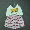 Cat Head Hands Print Summer Sleepwear Satin Silk Sexy Pyjamas Women Spaghetti Strap V Neck Silk Pajama Loose Home Wear 2023