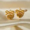 Dangle Earrings French Sweet And Elegant Bow Heart Drop For Women Gold Silver Plated Double Color Waterproof Stainless Steel Jewelry