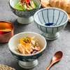 Bowls Highpin Bowl Ceramic Ice Cream Dessert Cup Household Blue And White Porcelain Sugar Water Salad Kitchen Dip Dish Tableware