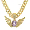 Iced out gouden kleur 15 mm breedte Cubaanse ketting met hiphoplegering en paarse edelsteenvleugels hanger ketting