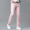 Pantaloni da uomo jeans jeans pantaloni di moda elastica slitta dritta coreana casual giallo rosa dei giovani