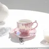 Чашки блюдцы элегантная розовая кофейная чашка блюдца Spoon Set Europe Princess Ceramic Tea Tea 180 мл верхнего фарфорового чафе кафе Teatime Drinkware