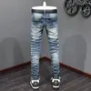 Mäns jeans high street mode män retro blå stretch mager fit rippad läder lapped designer hip hop varumärke byxor hombre