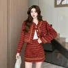 Work Dresses Ladies Red Tweed Two Pieces Set Women Autumn Elegant Vintage Plaid Short Jacket Coat Bodycon Mini Skirt Suit Outwear Outfit