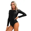 Womens Glossy Bodysuit Oil Shiny Smooth One-piece Long Sleeve Round Neck U Back Tight Leotard Top Swimsuit Rash Guard Wetsuit