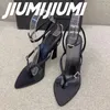 サンダルJiumijiumi手作りの女性靴シルクスーパーハイスパイクヒールアンクルラップフリップフロップ狭いバンドセクシーパーティー