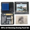 50pcs Set Professional Sketching Drawing crayons de croquis graphite de charbon de bois