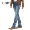 JEANS WOMENS XURU - Europejskie i amerykańskie spodni z wysokim talią haftowane dla kobiet Slim Fit Denim K1-1109