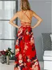 Robes décontractées wyblz 2024 robe d'été Femmes Maxi Sexy Sexy Backless Boho Floral Imprime à lacets Red Holiday Beach Party Split Long