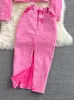 Arbetsklänningar Autumn Women Pink Denim Set Lapel Lång ärm Kort jacka Hög midja kjol Korean Korean Kvinnlig tvådelar Set Streetwear