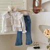 Kore tarzı yeni bahar sonbahar bebek kız çocuk setler uzun kollu içi boş gömlekler+denim parlama pantolon çocuk giyim E23004