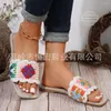 Slippers Women Crochet Floral Pattern Square Toe Shoes Flat Holographic Braided Post Beach Flip Flops