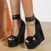 Dress Shoes Kcenid Fashion Patent Leather Ankle Strap Wedges Sandals Women High Heels Summer Peep Toe Pumps Sexy Platform