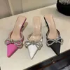 Sandálias rosa strass cetim mulheres bombas chinelas de cristal-nó de borboleta de borboleta pontual de salto alto lady mules slides vestido de festa de verão