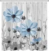 Country Blue Floral Chuser Cortina para Banheiro Flor Botânico em cortinas de chuveiro de banheiro de madeira cinza retro rústico com ganchos