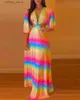 Saia sexy y V vestidos de pescoço para mulheres 2024 Primavera verão Rainbow Impresso Hollow Out Salia Longa Diário Férias Roupas femininas L410