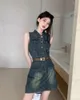 Casual Dresses Women's Chic Sleveless Slå ner krage Slim Short Denim Dress Lady Summer Single Breasted Pockets Mini