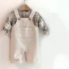 Hose England Stil Neugeborenes Jungen Hemd Khaki Plaid Langarm Kinder Bluse für Mädchen Tops Kinder Frontpocket Designhose 04t