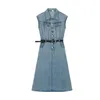 Casual Dresses Retro Women Blue Sleeveless Pocket Design Straight Denim Dress 2024 Summer Elegant Party Jean Long Female Simple Korean