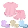 Barnkläder flickor kläder kort ärm ruffle t-shirts + shorts pyjamas kostym 2024 sommar barn loungewear baby flickor kläder