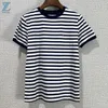 Women's T Shirts Spring/Summer Top Quality Navy Blue Stripe Knitted Embroidered T-shirt