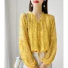 Women's Blouses Shirts 2023 New Spring Loose Size Fashion Trend Yellow Fragmented Flower Imitation Silk Lantern Sleeve Set Leading Womens Style Shirt 240411