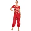 Sahne Giyim Kadın Göbek Dans Kostümü Sparkly Bollywood Cosplay Kıyafetleri Sequin Puff Sleeve Mahsul Üstü Harem Pantolonlu Performans için