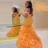 Party Dresses Gold Off The Shoulder Mermaid Prom Tiered Ruffles Sweep Train Aso Ebi Arabic Evening Gowns Women Formal Dress Robe