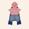 Hondenkleding streep jumpsuit hoodie denim jeans jas jas voor kleine tot medium vest vintage waskleding (rode plaid)