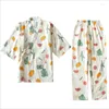 家庭用服キスビーニスプリング女性パジャマは印刷されたホームウェア日本語スタイルの夏の純粋な綿の睡眠服パジャマをセットします