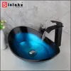 Sinlaku Bacino da bagno Set Blue Temped Glass Dete Montated Vessel con rubinetti a cascata di rubinetti a ginnastica a goccia calda calda calda