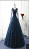 Marineblaues Ballkleid Prom Kleider Langarm Perlen Applizes formelle Abschlussballkleid bescheidene Perlen Prinzessin Promkleider 7686496