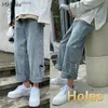 Jeans para hombres Men Jeans Jeans Leisure Hooles Lavados CHARY Streetwear All-Match Denim pantalones de pierna ancha Dents Solid Harajuku Adolescentes L49