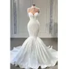 Exquisite Beads Pearls Wedding White High Collar Lace Appliques Sweep Train Mermaid Gowns Elegant Bride Dresses