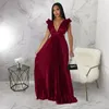 Casual Dresses Sexig Deep V Ruffle Neck Backless Satin Pleated Long Maxi Dress for Women Lace Up Bandage Party Club Evening