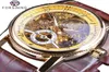 Verfansende klassieke Royal Retro Luxury -serie Golden Case Hollow Skeleton Dial Brown Leather Mens Automatic Watch Top Brand Luxury8126025
