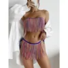 Kvinnors badkläder Kvinnor Tassels Bikini Set Bandeau Push Up Bh Bandage Briefs Beachwear 2sts Swimsuit Female Swimming Brazilian Bathing Suit