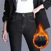 女子ジーンズ冬のファッションポケットジッパーブラックペンシルパンツカジュアルオフィスハイウエストフリーススリムタイトロングズボンパンタロン29611