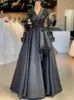 Urban Sexy Dresses Dark Grey Luxury V Neck Lace Evening Dress Vintage Sheer Long Sleeve Satin Formal Evening Dress Arabic Plus Size Party Pageant P 240410