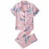 Thuiskleding vrouwen 2 stks pyjama's set slaapkleding lente zomer satijn nachtkleding korte mouw broek pijama's pakken losse print bloem huiskleding