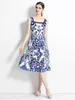 Casual Dresses Jamerary Summer Runway Blue and White Porcelain Floral Dress Women's Sleeveless Sling Flower Print Vintage Midi Vestidos