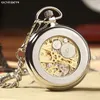 Luxury Silver Skeleton Mechacnical Mens Pocket Watch with FOB Chain Smooth Steel Women Unisex Hand winding Watches 240327