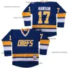 16 Jack Hanson Charlestown Chiefs Jersey, Fratello da uomo Slap Hanson girato 100% Film di ricamo a cucitura Hockey Maglie blu bianca blu bianca