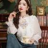 Women's Blouses Beads Embroidery Frog Button Shirt 2024 Spring Summer Clothes Ruffled Chiffon Patchwork Long Sleeve Blouse White Tops