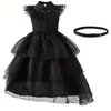 Kids Girls Dress Fly Sleeve Layered Aline Patchwork with Belt for Party y240326