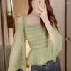 Dames t shirts grijs mesh chiffon shirt lente zomer mode t-shirt Koreaanse stijl bretels elegante tops dames zoete casual lange mouw