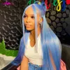 Haze Blue Straight Human Hair Wigs для женщин светло -голубые кружев