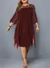 Elegantes Midi -Partykleid für mollige Frauen xxl o Hals Spitze Ärmel aus massivem sexy Frauenkleidung Abendkleider 240407