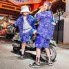 Kid Cool Kpop Hip Hop Roupeding Blue Print Camisa de manga curta Top de verão Shorts para garotas